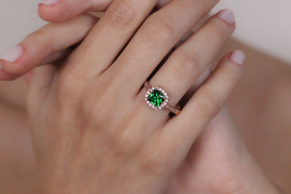 Vivid Green Emerald Ring with Zircon Halo | Solid Silver & Gold Cushion Cut Halo Emerald Ring