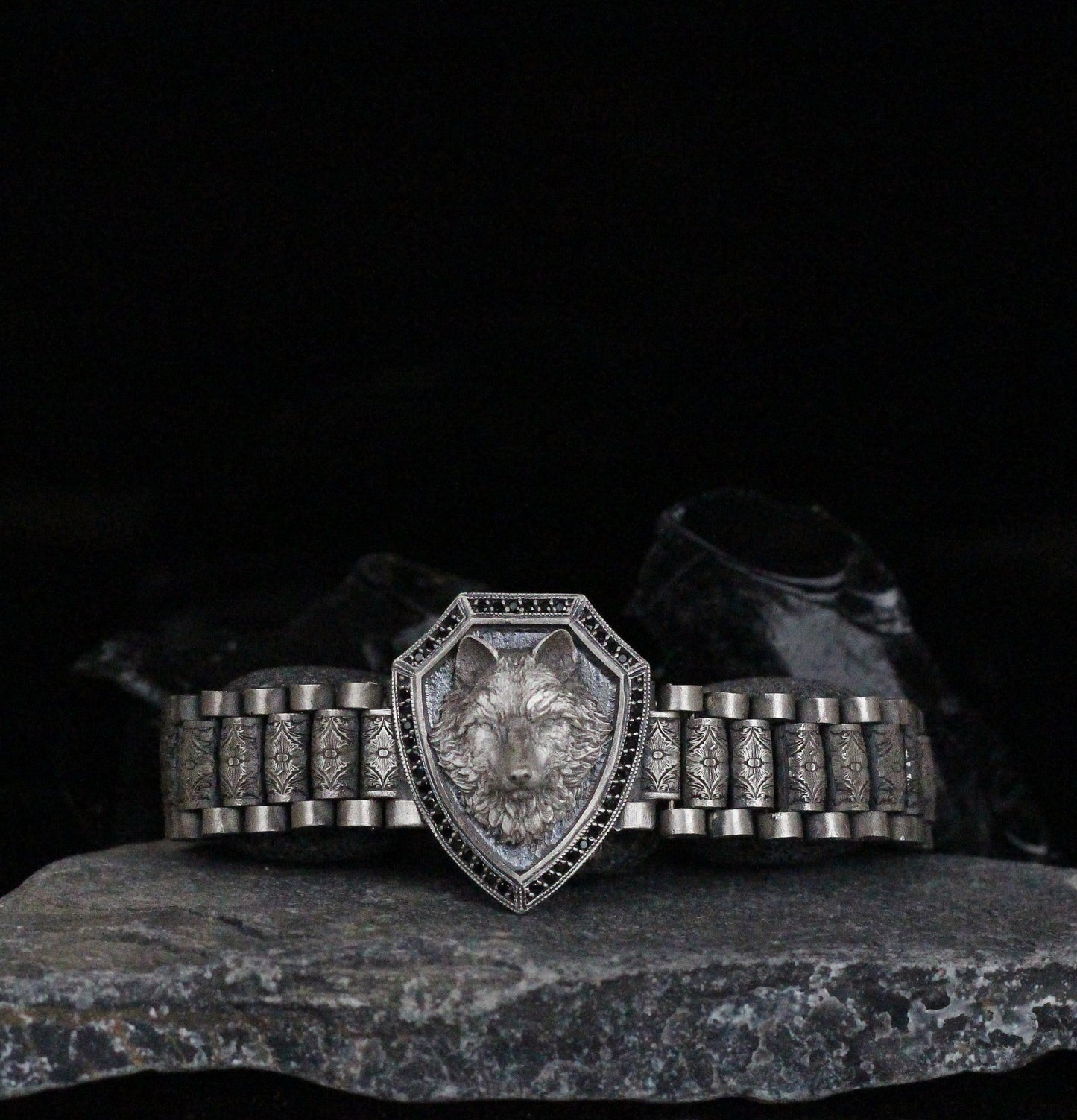 Wolf Shield Sterling Silver Bracelet | Handmade 925K Unique Design Bracelet for Men