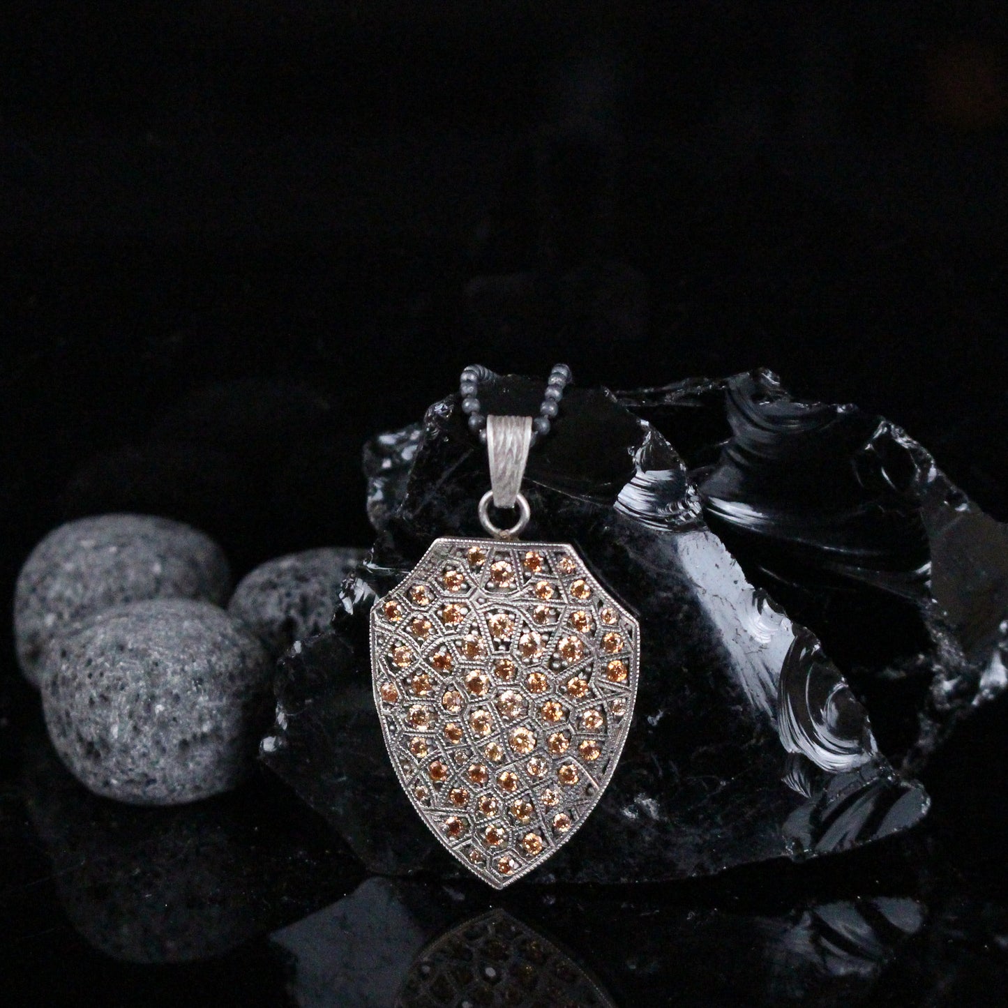 Yellow Stone Shield Pendant Necklace in Sterling Silver | Medieval Warrior Shield Necklace