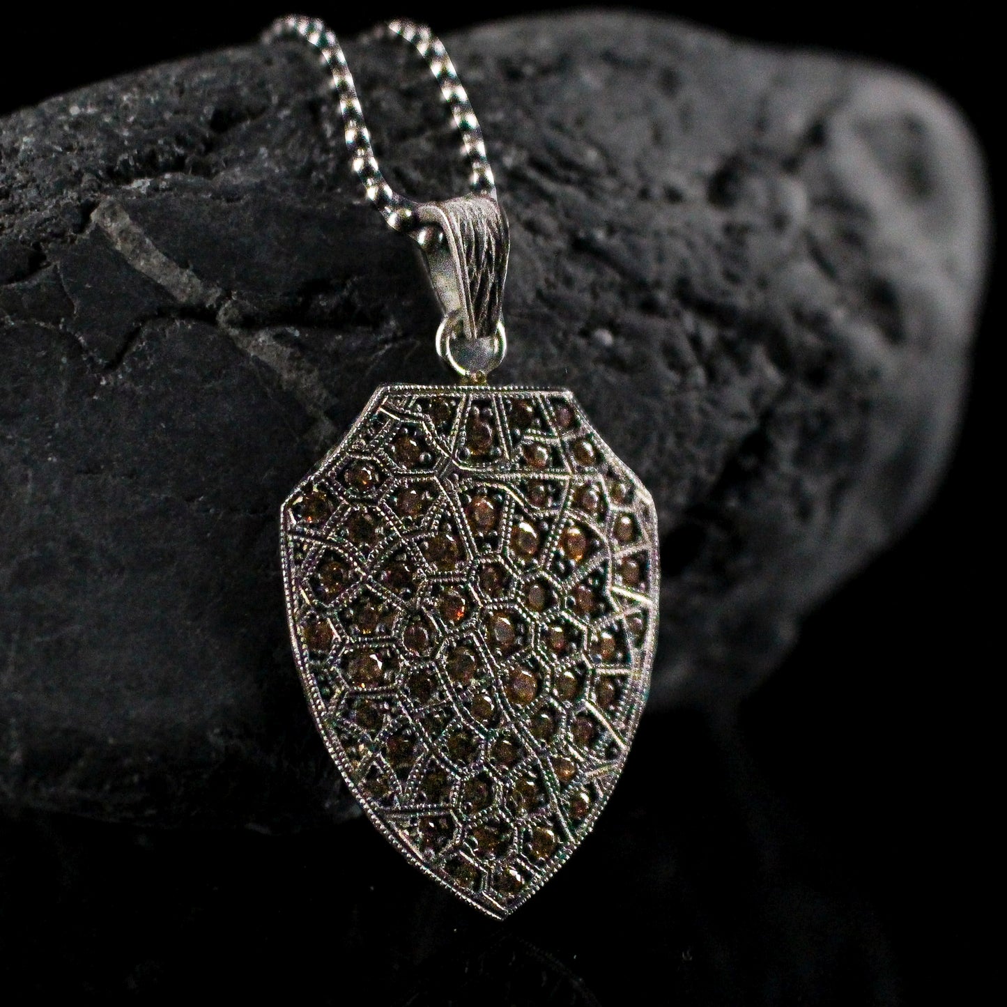 Yellow Stone Shield Pendant Necklace in Sterling Silver | Medieval Warrior Shield Necklace