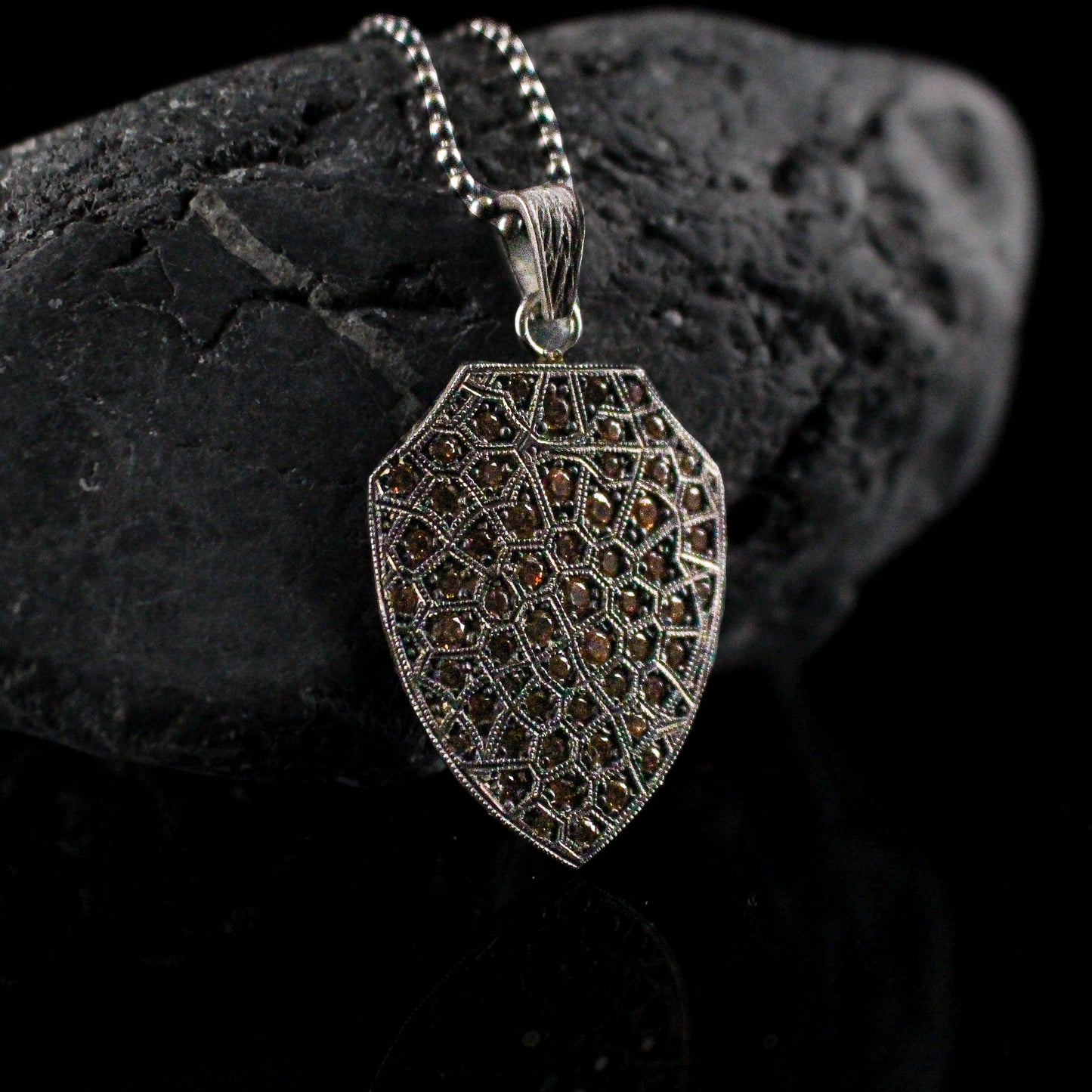 Yellow Stone Shield Pendant Necklace in Sterling Silver | Medieval Warrior Shield Necklace