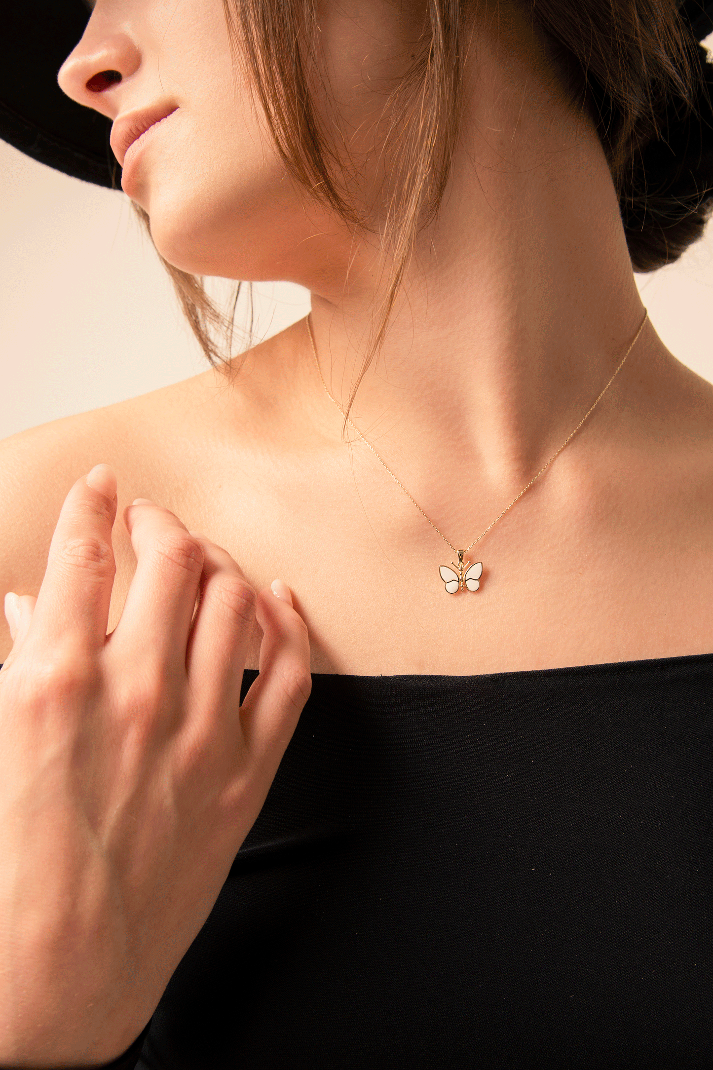 SARA 14K Gold White Butterfly Pendant