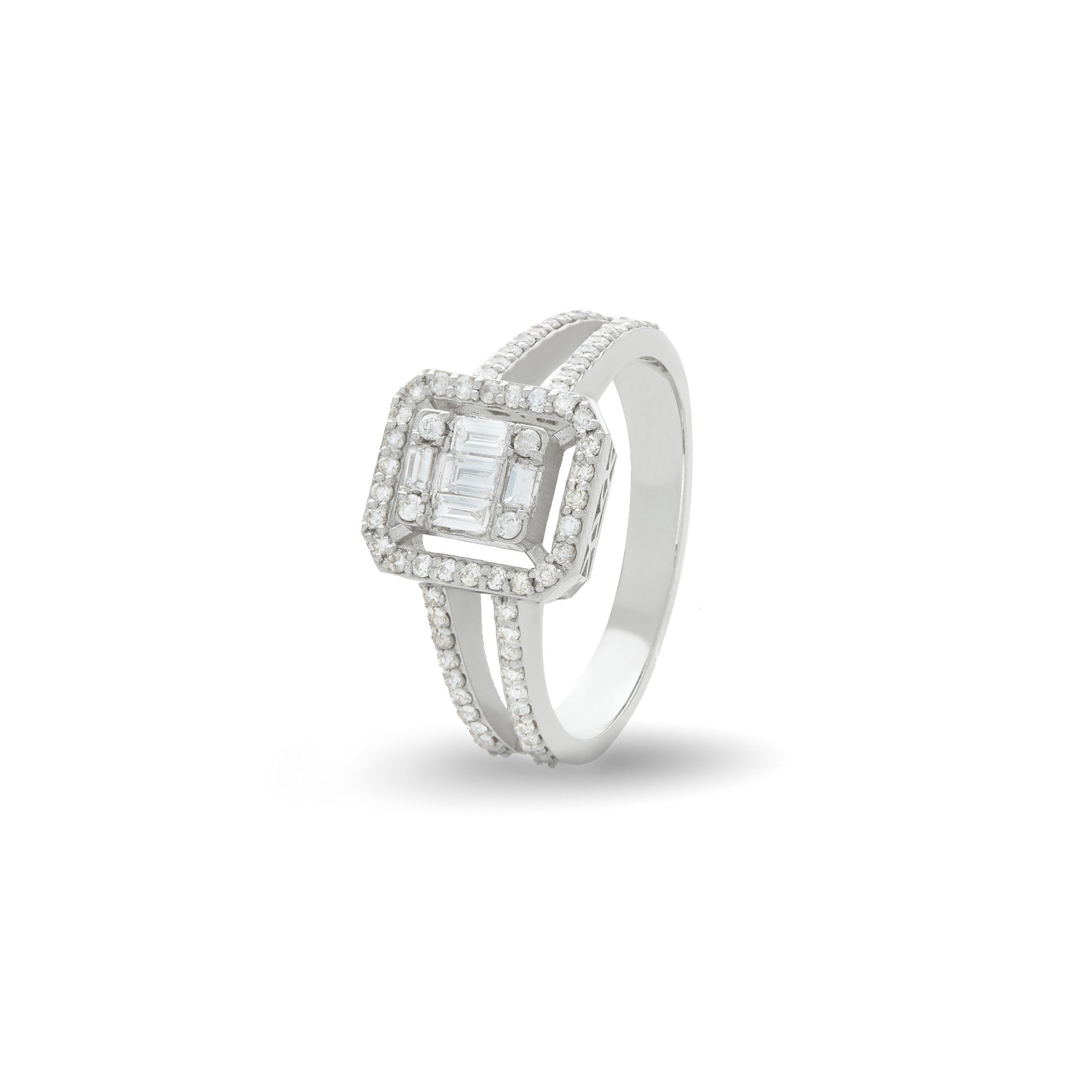 SOPHIA Split Band White Gold Diamond Ring with Baguette Center | 8K or 14K Solid Gold Engagement Ring