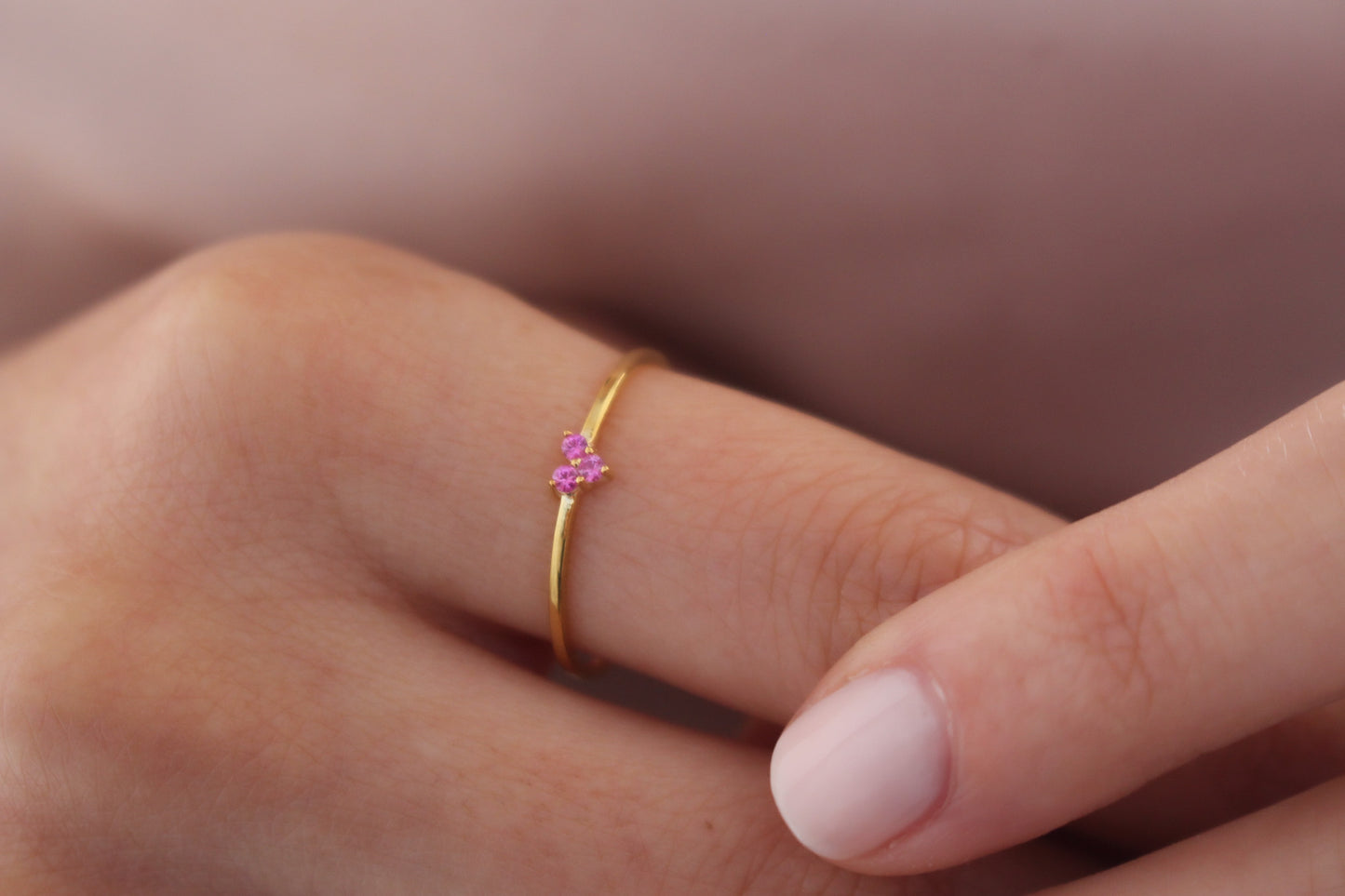 AMORE 14K Altın Pembe Safir Minik Kalp Nişan Yüzüğü