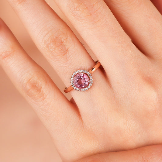 DILAN 14K Altın 6MM Pembe Topaz Nişan Yüzüğü