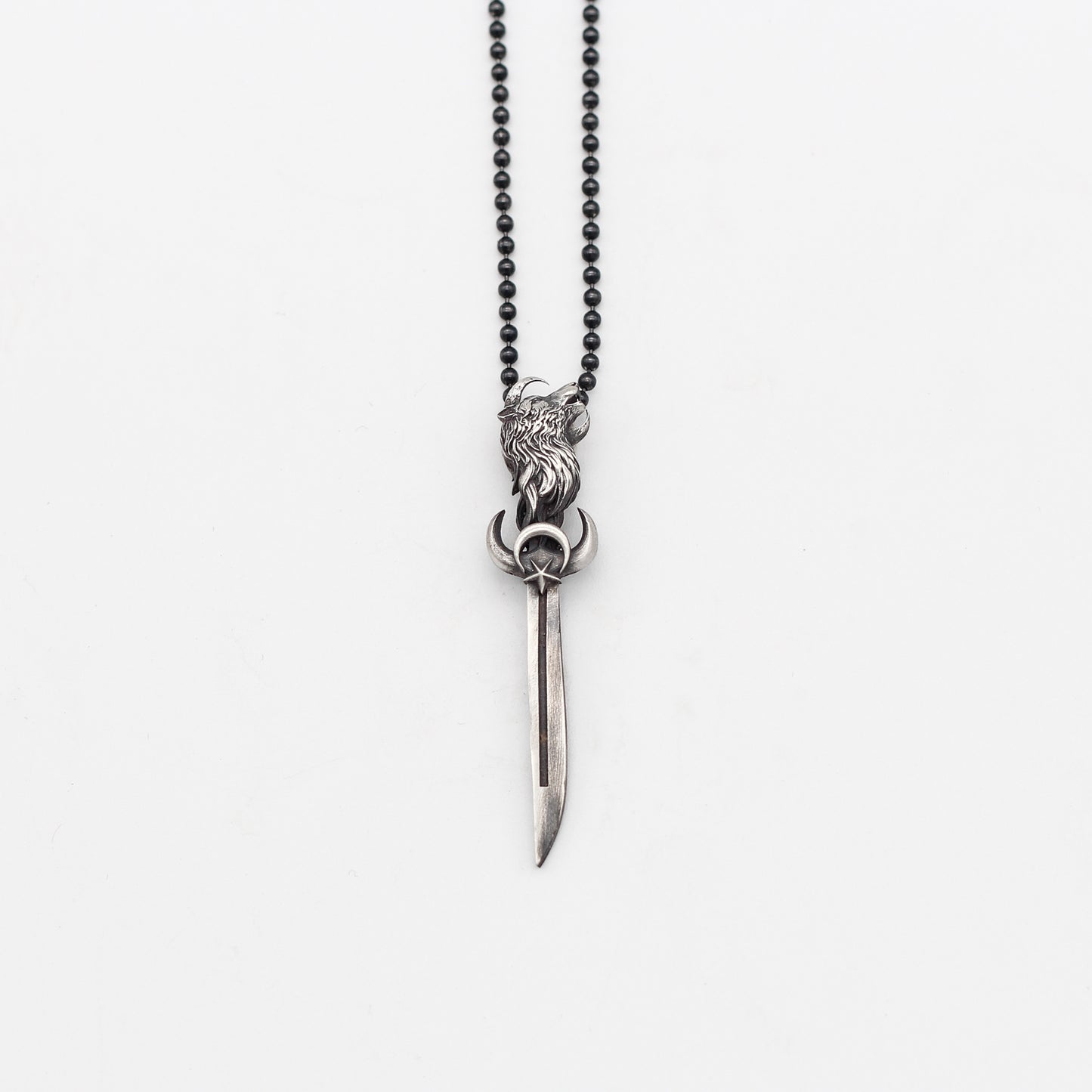 Silver Sword With The Star And Crescent Necklace, Sword With Wolf  Pendant For Men