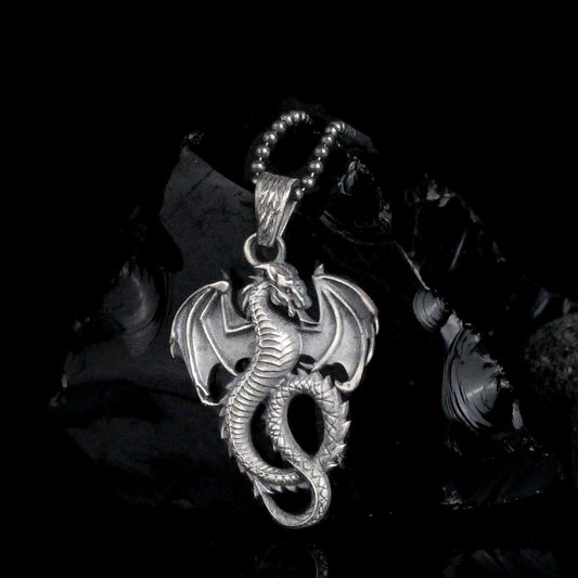 Silver Dragon Necklace, Rustic Dragon Jewelry