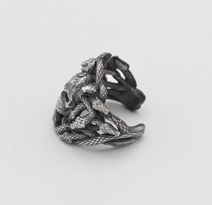 Skull With Snake Handmade Sterling Silver Men Ring, Snake Ring For Men, Silver Skull Men Ring