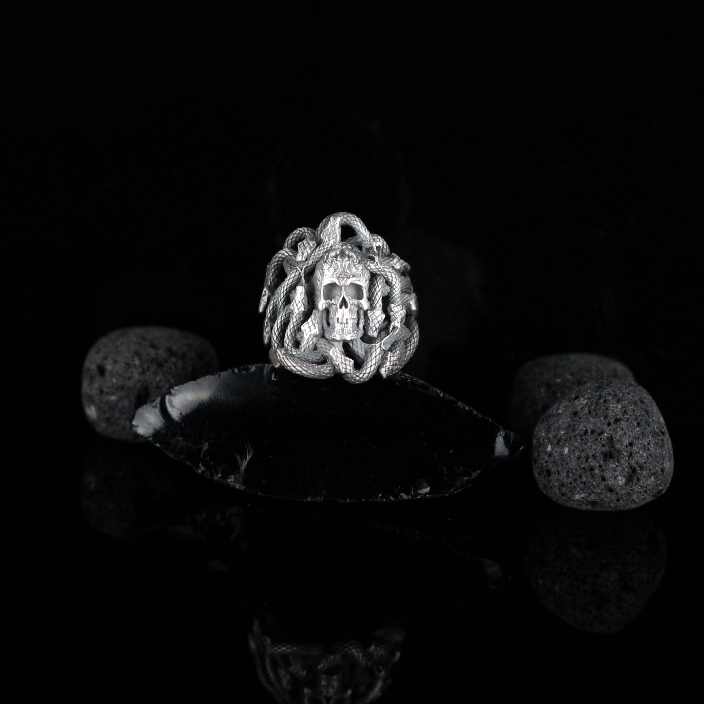 Skull With Snake Handmade Sterling Silver Men Ring, Snake Ring For Men, Silver Skull Men Ring