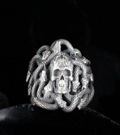 Skull With Snake Handmade Sterling Silver Men Ring, Snake Ring For Men, Silver Skull Men Ring