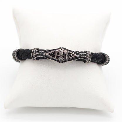 925K Sterling Silver and Leather Men's Bracelet with Double-Headed Eagle Motif | Unique Jewelry Men