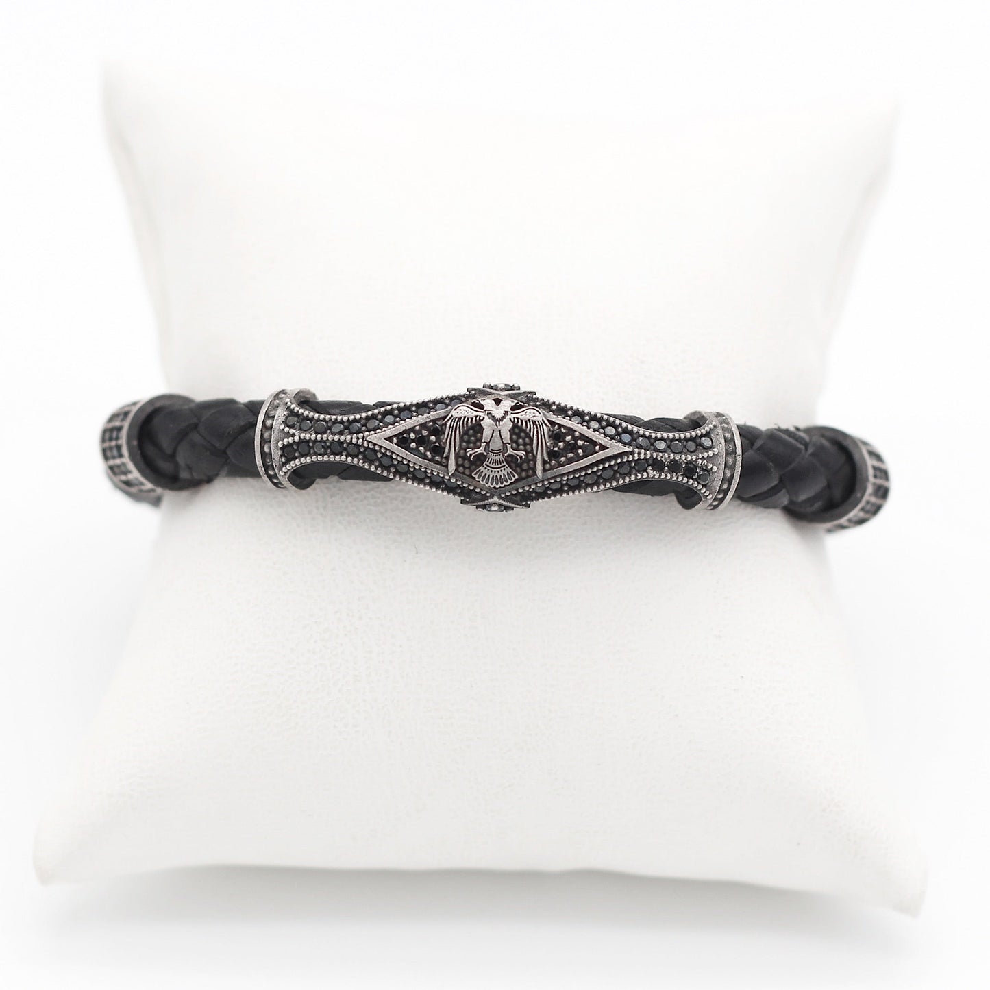 Leather Two Headed Eagle Bracelet For Men, Silver Two Headed Eagle Bracelet