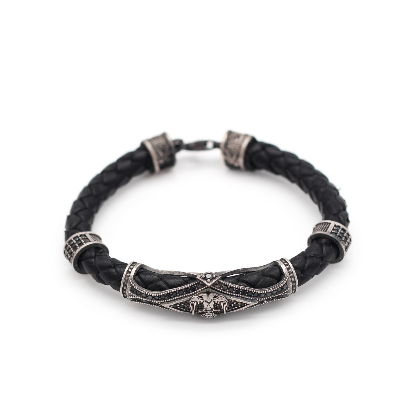 925K Sterling Silver and Leather Men's Bracelet with Double-Headed Eagle Motif | Unique Jewelry Men