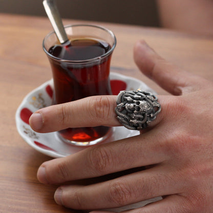 Skull With Snake Handmade Sterling Silver Men Ring, Snake Ring For Men, Silver Skull Men Ring