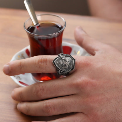 Two Headed Eagle Medallion Handmade Sterling Silver Men Ring