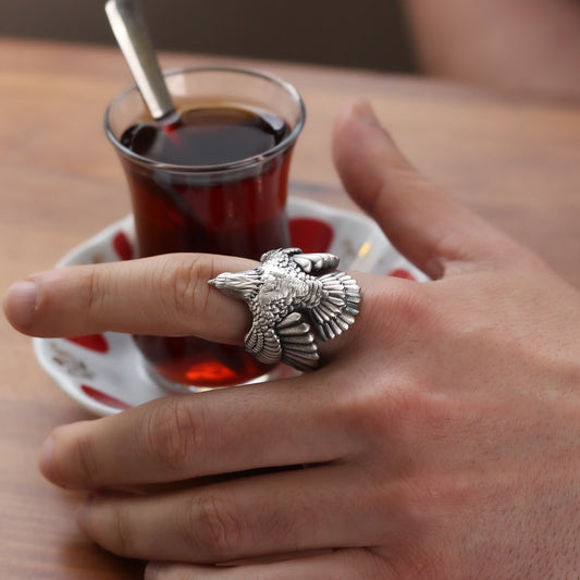 Winged Eagle Handmade Sterling Silver Men Ring, Animal Ring, Wild Bird Ring