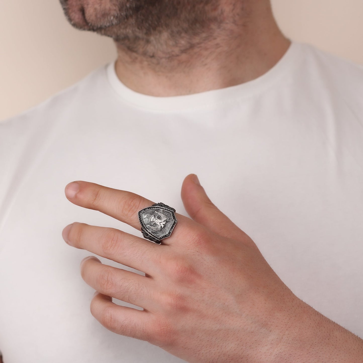 Two Headed Eagle Medallion Handmade Sterling Silver Men Ring