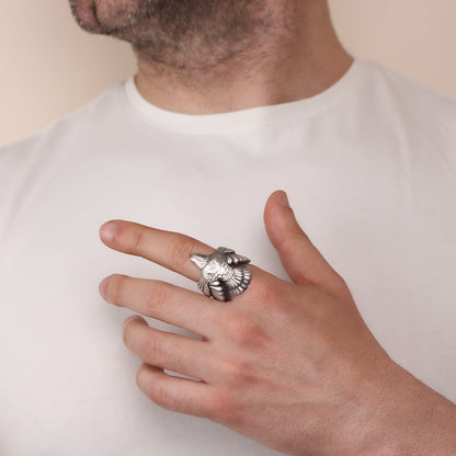 Winged Eagle Handmade Sterling Silver Men Ring, Animal Ring, Wild Bird Ring