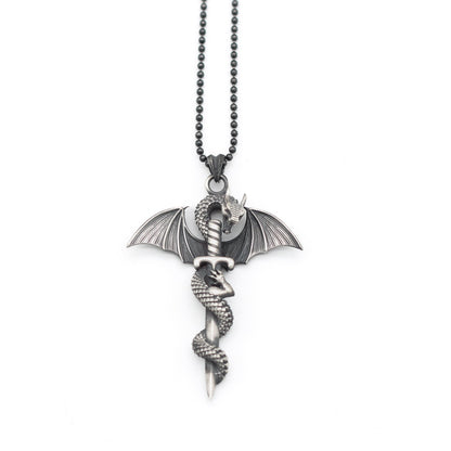 Silver Sword And Dragon Necklace For Men