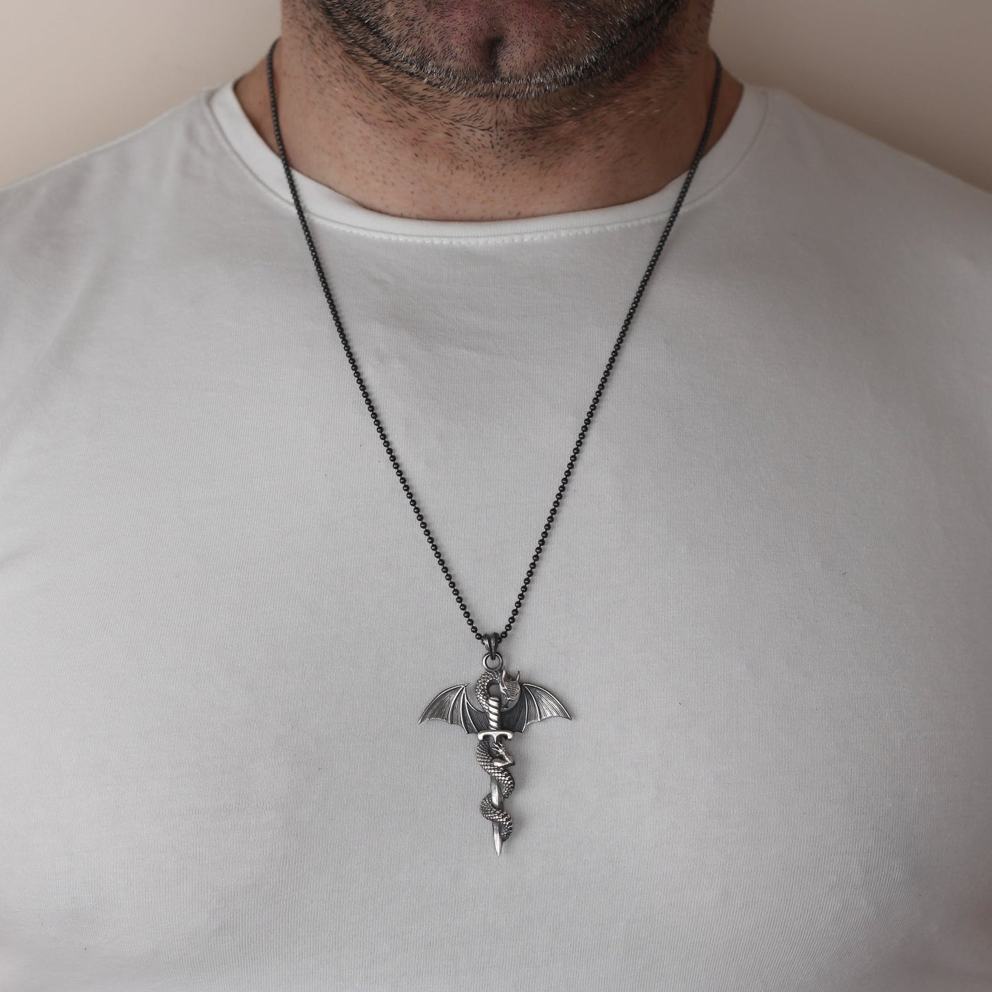 Silver Sword And Dragon Necklace For Men