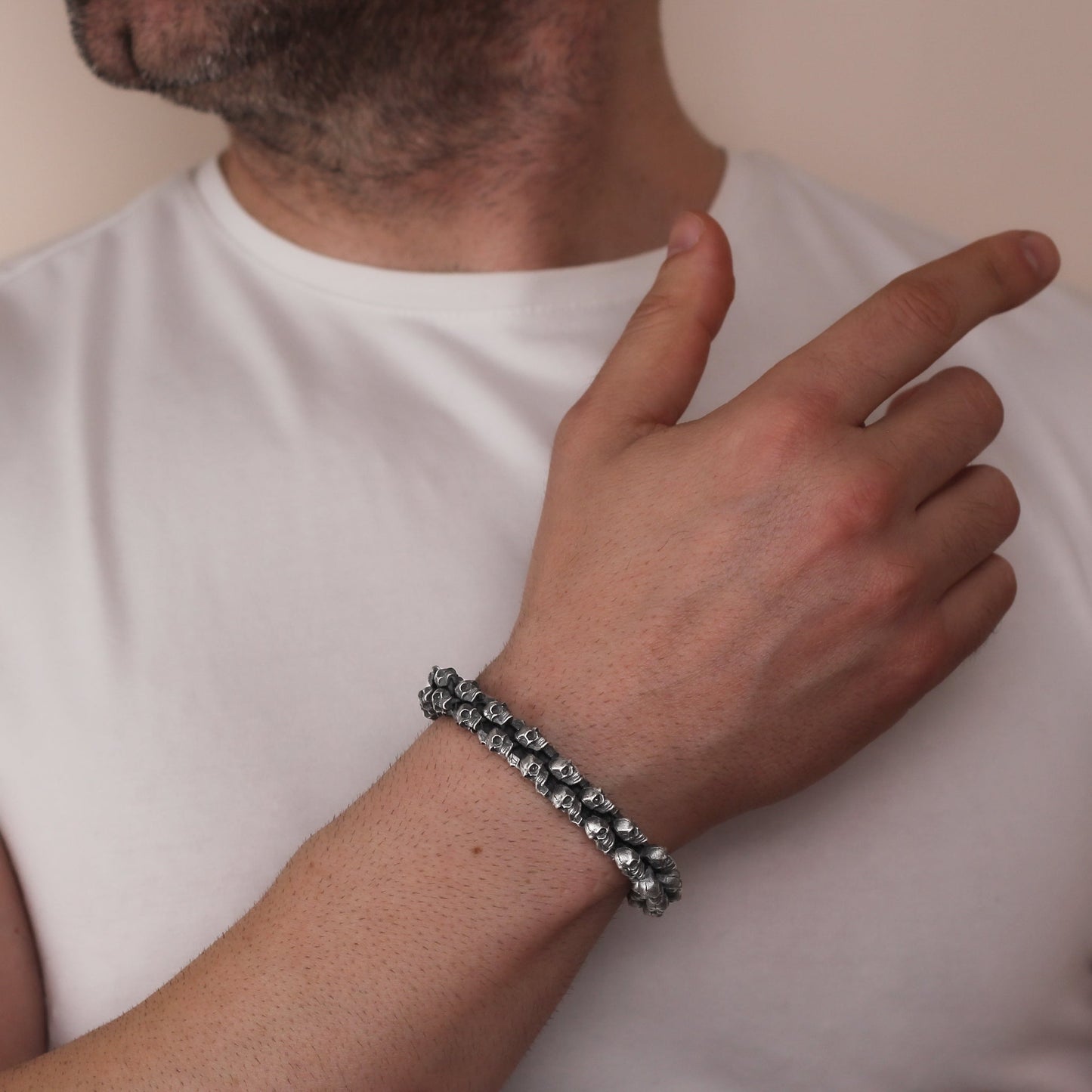 Solid Silver Skull Bracelet, Mens Skull Jewelry