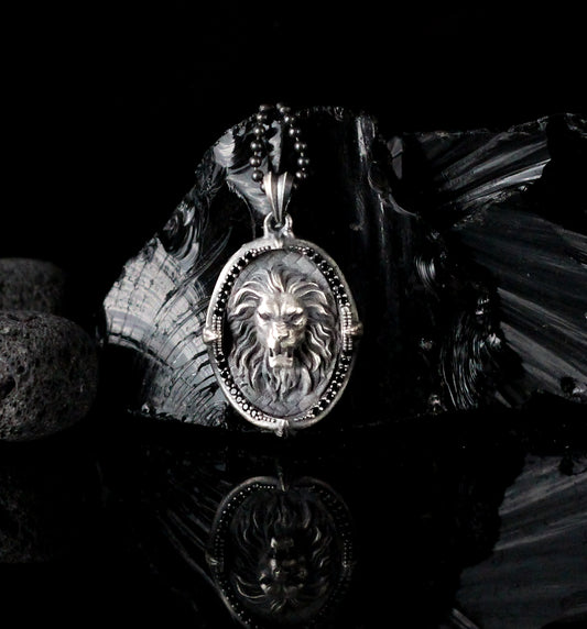 Sterling Silver Lion Medallion With Black Diamond, Mens Silver Lion Necklace