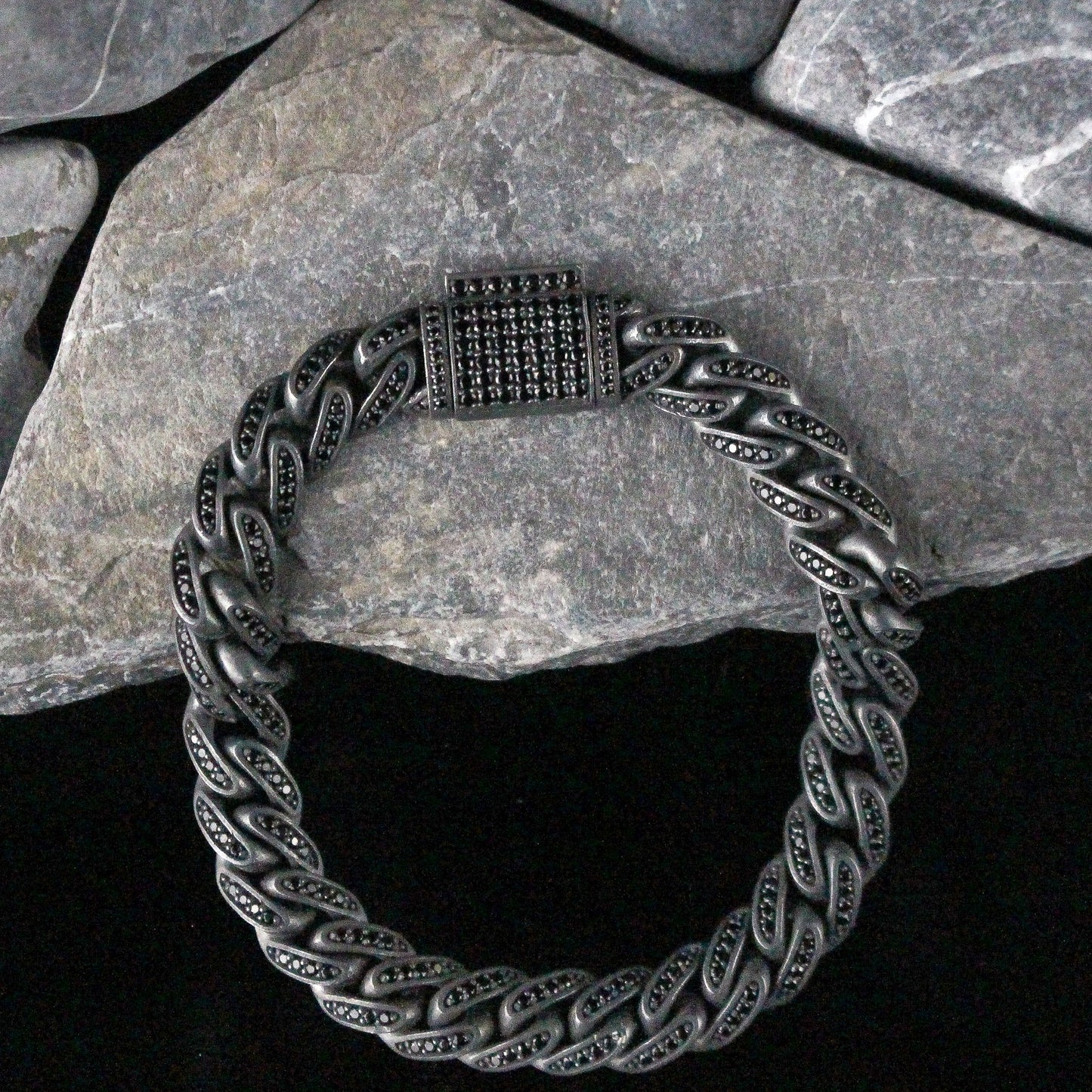 Sterling Silver Chain Bracelet, Black Stoned Chain Bracelet