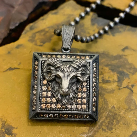 Sterling Silver Ram Head Necklace, Rustic Ram Men Necklace