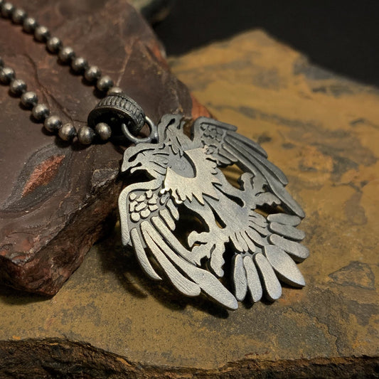 Sterling Silver Two Headed Eagle Necklace, Handmade Two Headed Eagle Pendant