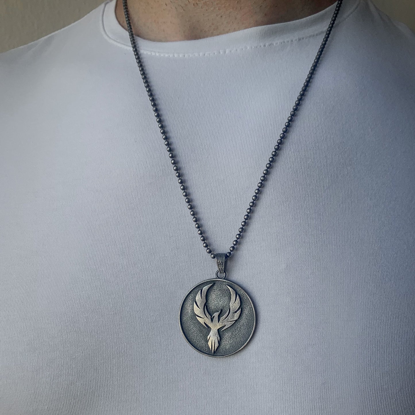 Sterling Silver Phoenix Necklace, Mens Phoenix Medallion Necklace