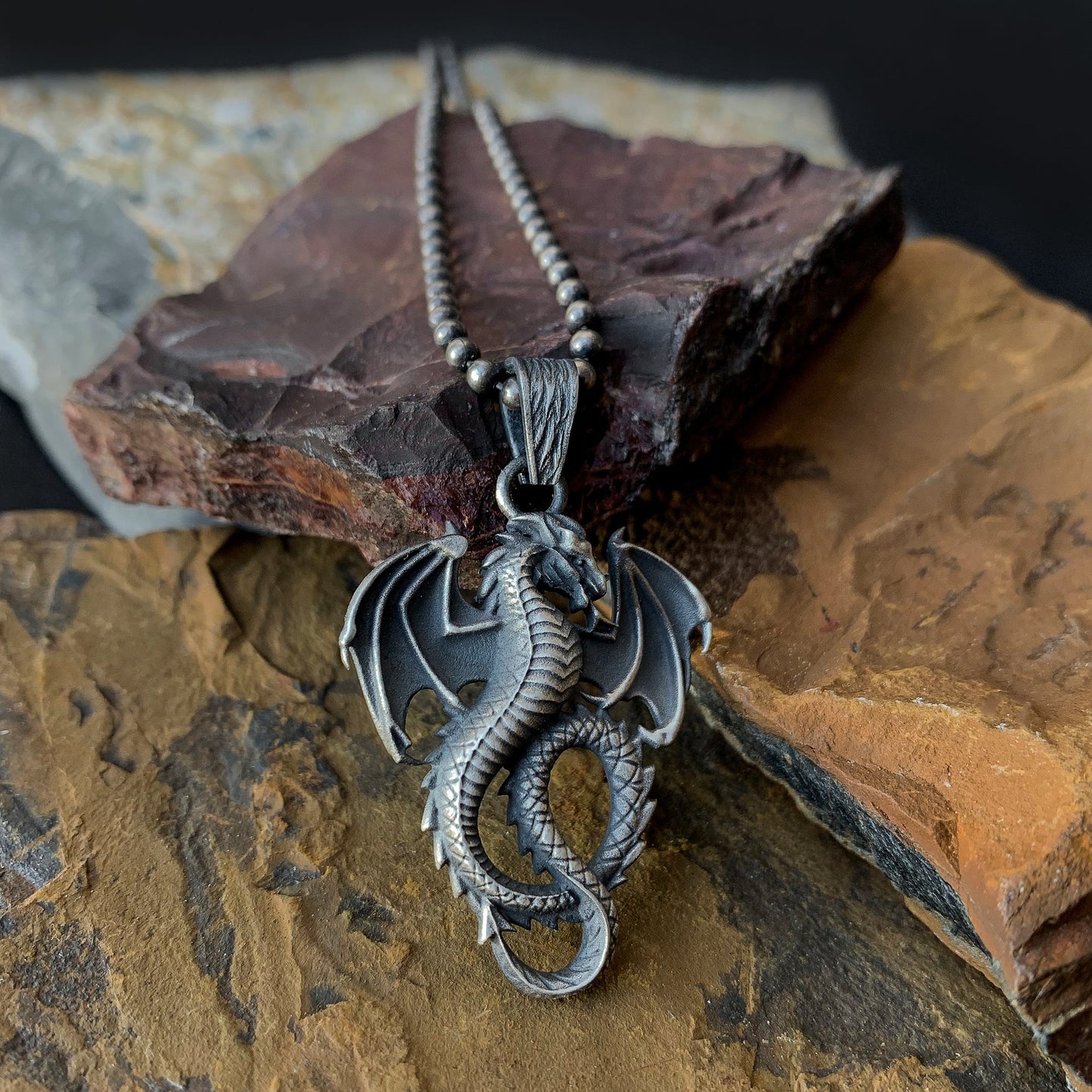 Silver Dragon Necklace, Rustic Dragon Jewelry