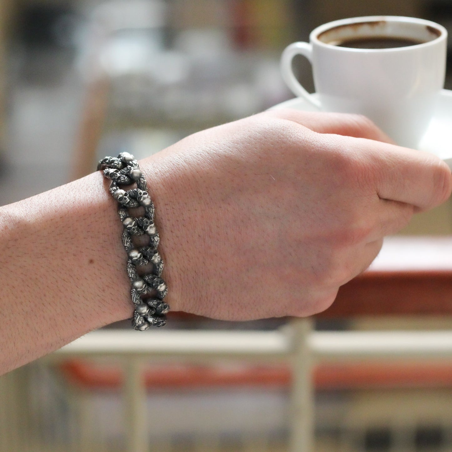 Sterling Silver Skull Chain Bracelet Men, Handmade Skull Jewelry for Men