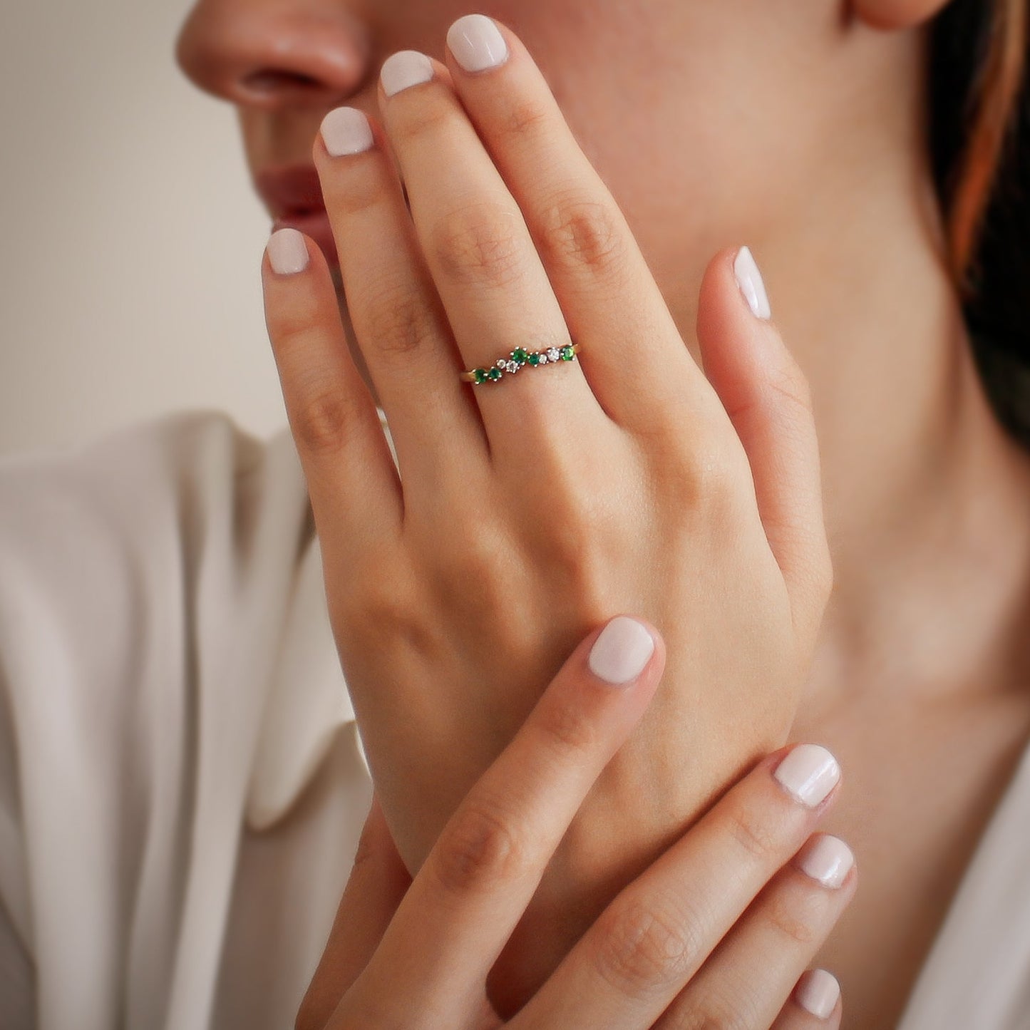 COSETTE 14K Gold Cluster Engagement Emerald Ring