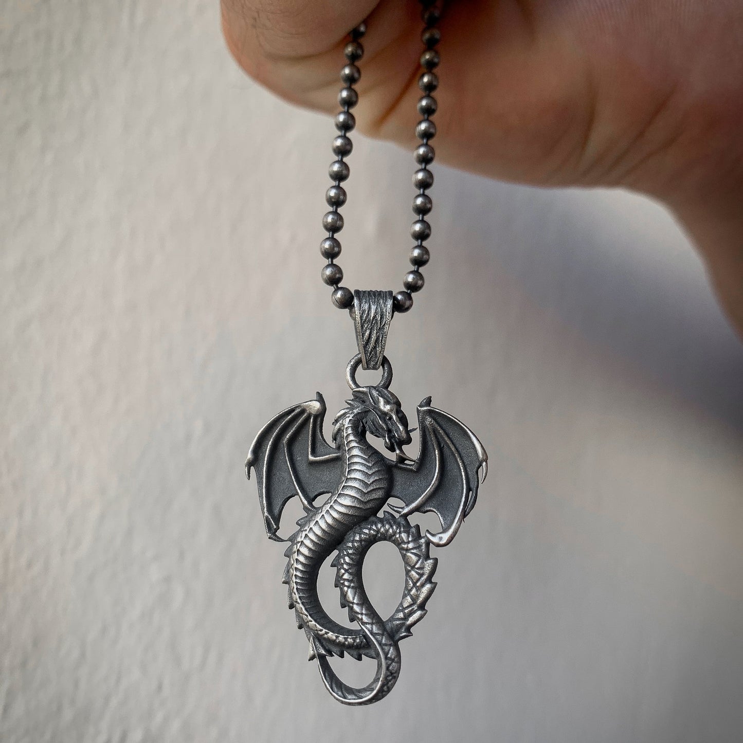 Silver Dragon Necklace, Rustic Dragon Jewelry