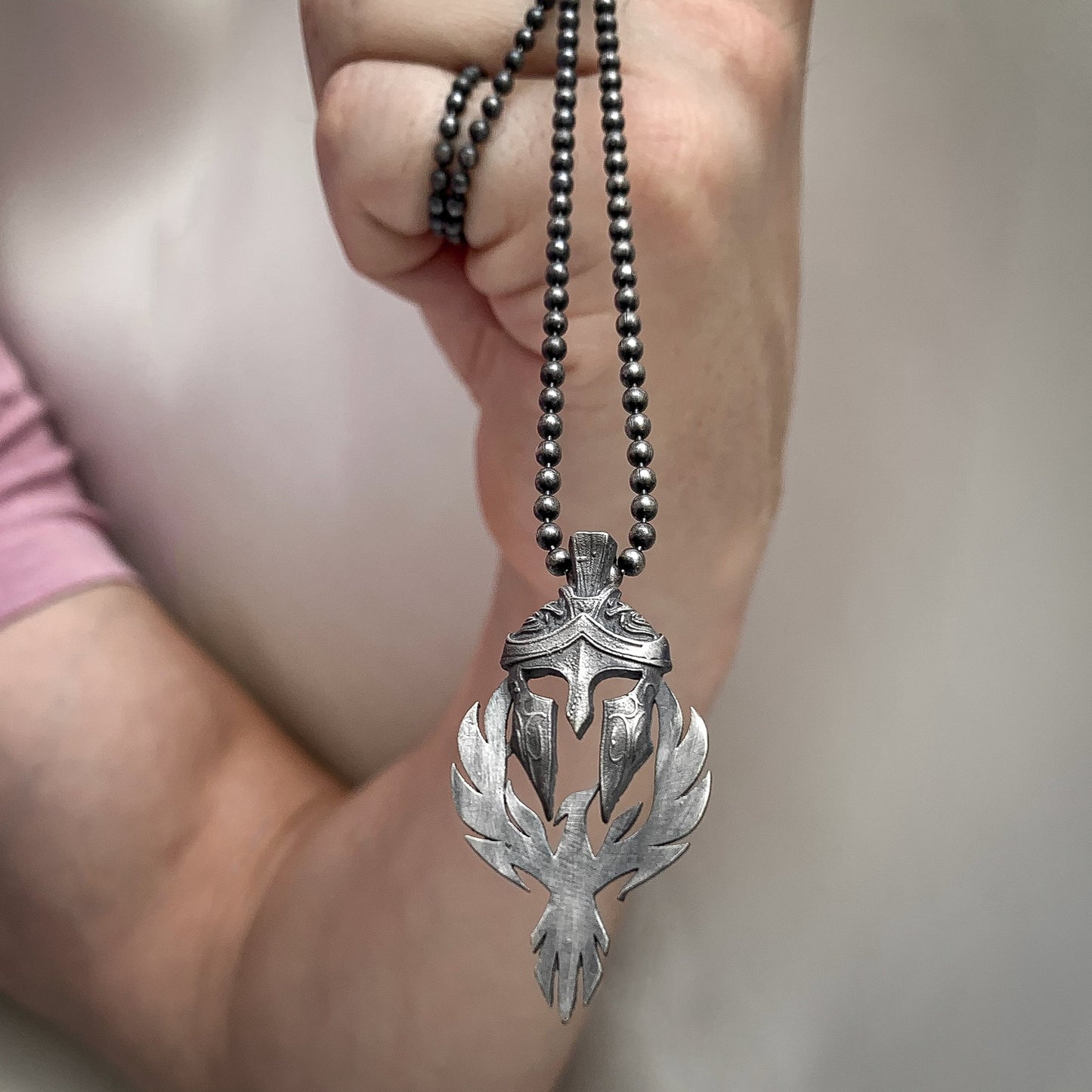 Solid Silver Phoenix and Spartan Necklace, Handmade Phoenix Pendant