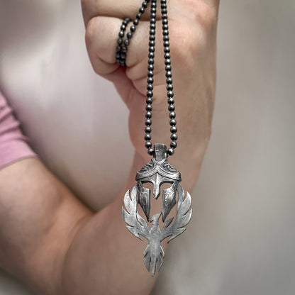 Solid Silver Phoenix and Spartan Necklace, Handmade Phoenix Pendant