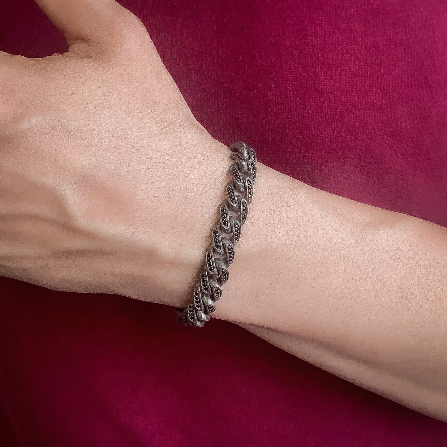 Sterling Silver Chain Bracelet, Black Stoned Chain Bracelet