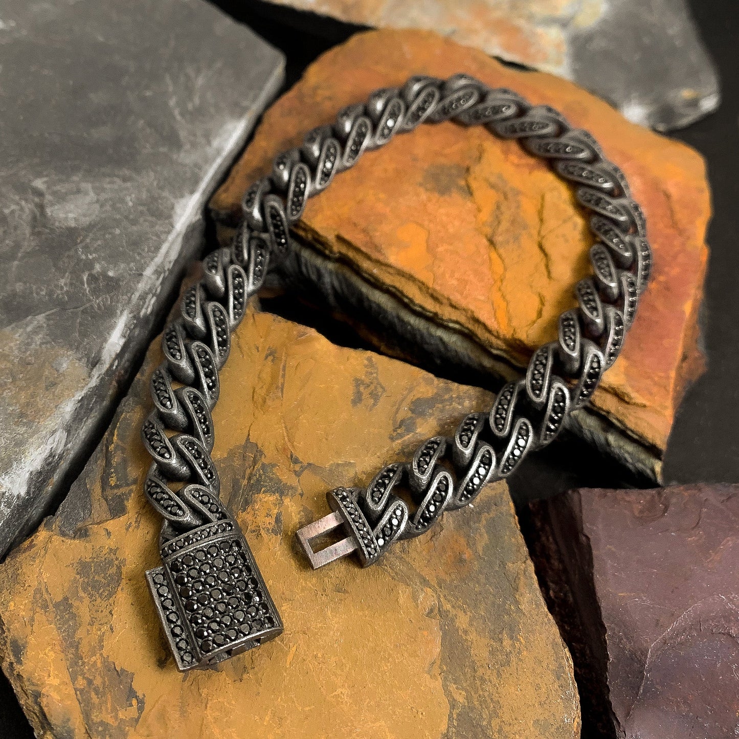 Sterling Silver Chain Bracelet, Black Stoned Chain Bracelet