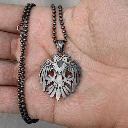 Sterling Silver Two Headed Eagle Necklace, Handmade Two Headed Eagle Pendant