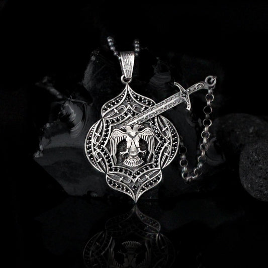 Sterling Silver Two Headed Eagle Necklace, Handmade Two Headed Eagle Pendant