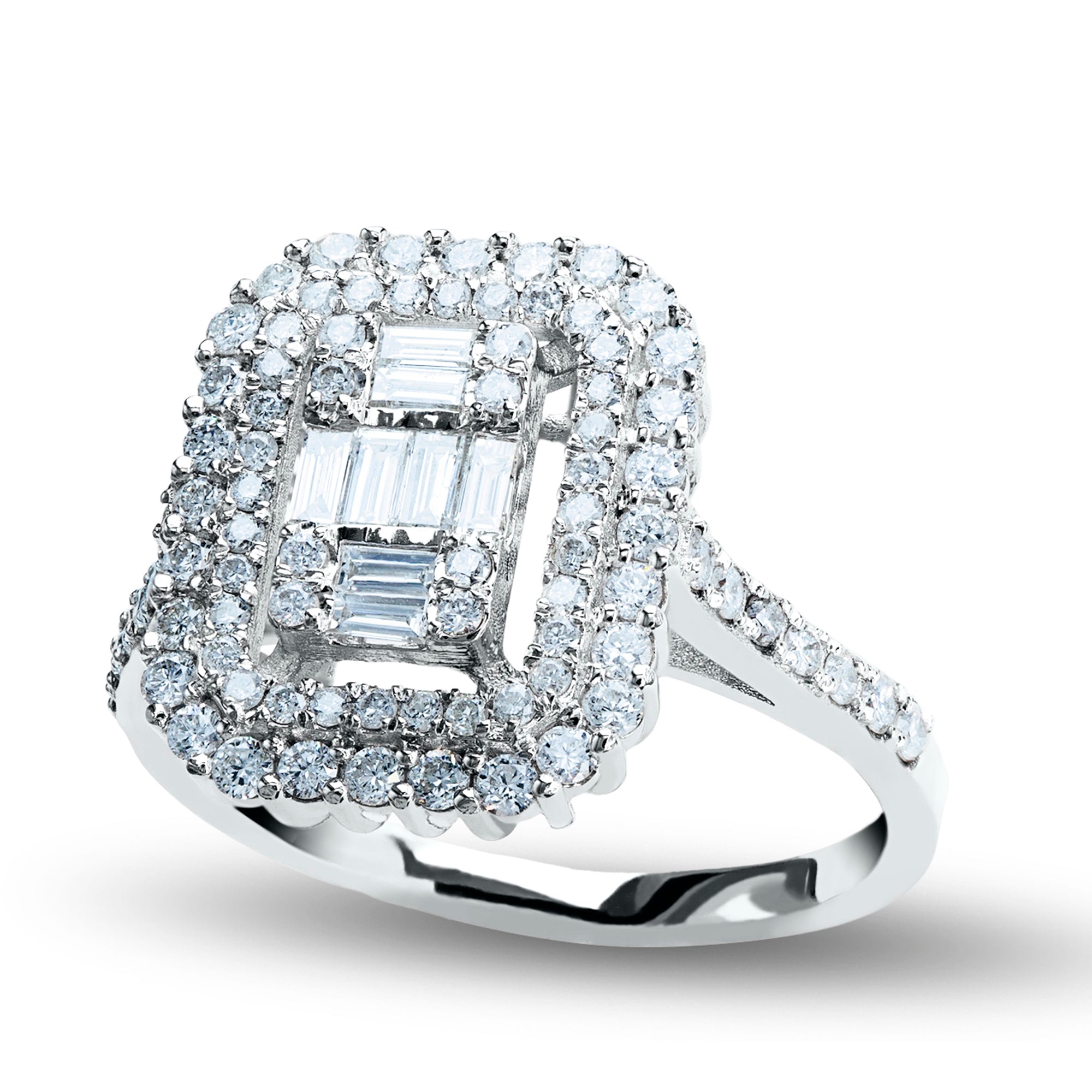 QUIN Exquisite Double-Halo Diamond Ring in 8K or 14K Solid Gold | Dainty Baguette Diamond Ring for Bride